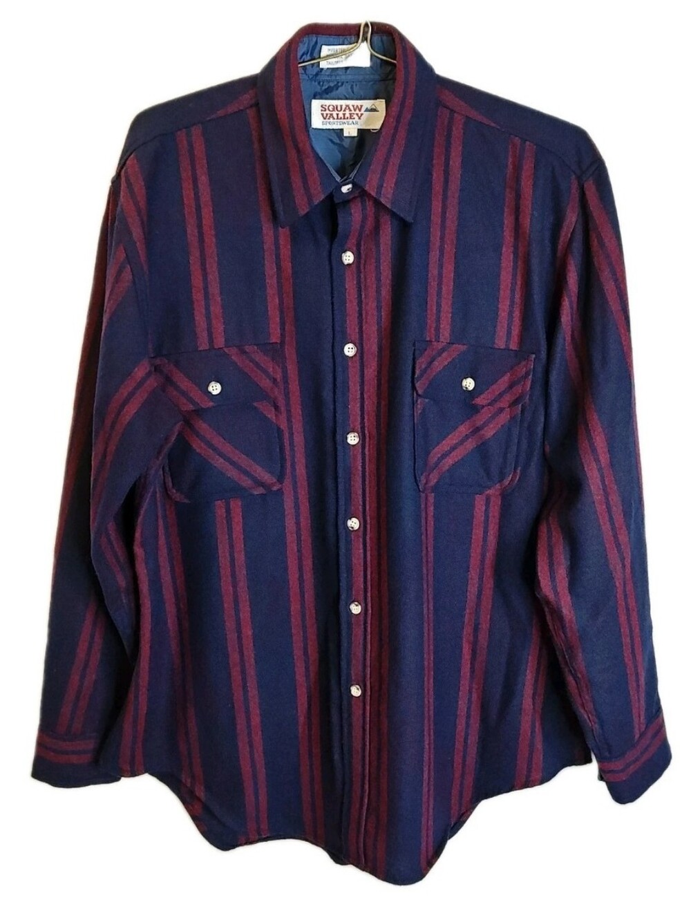Vintage Wool Flannel Shirt Flap Jacket Large Navy Red Striped Button Western 80s